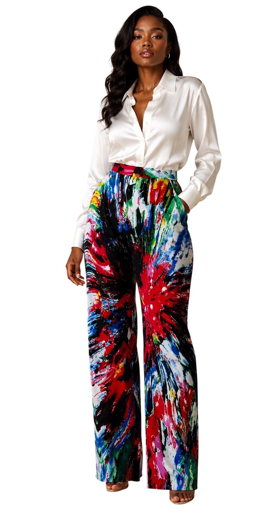 Multicolour Ankara Splatter Print Wide-Leg Trousers – Bold Abstract Pants