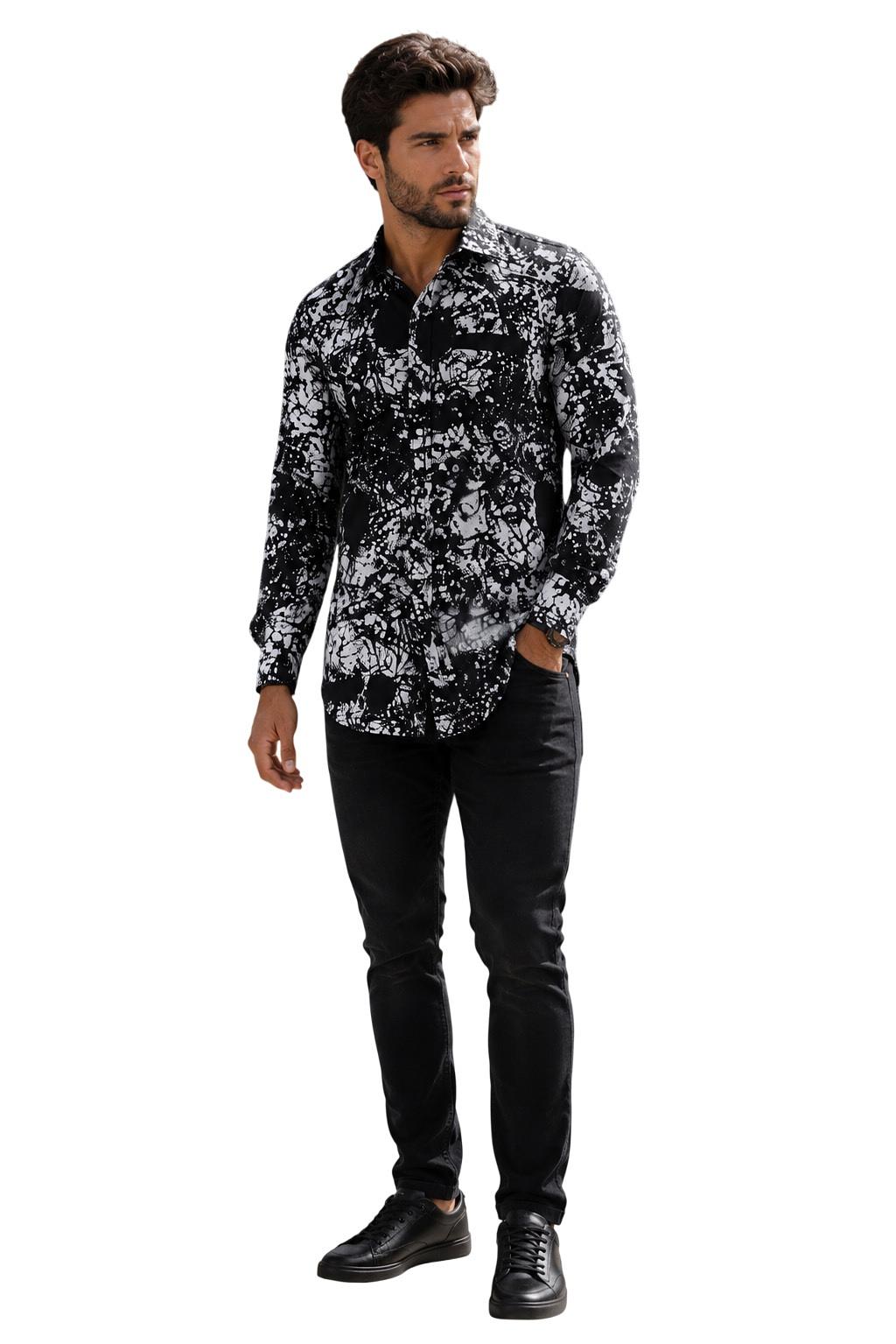 Men’s Black & White Abstract Splatter Print Dress Shirt 