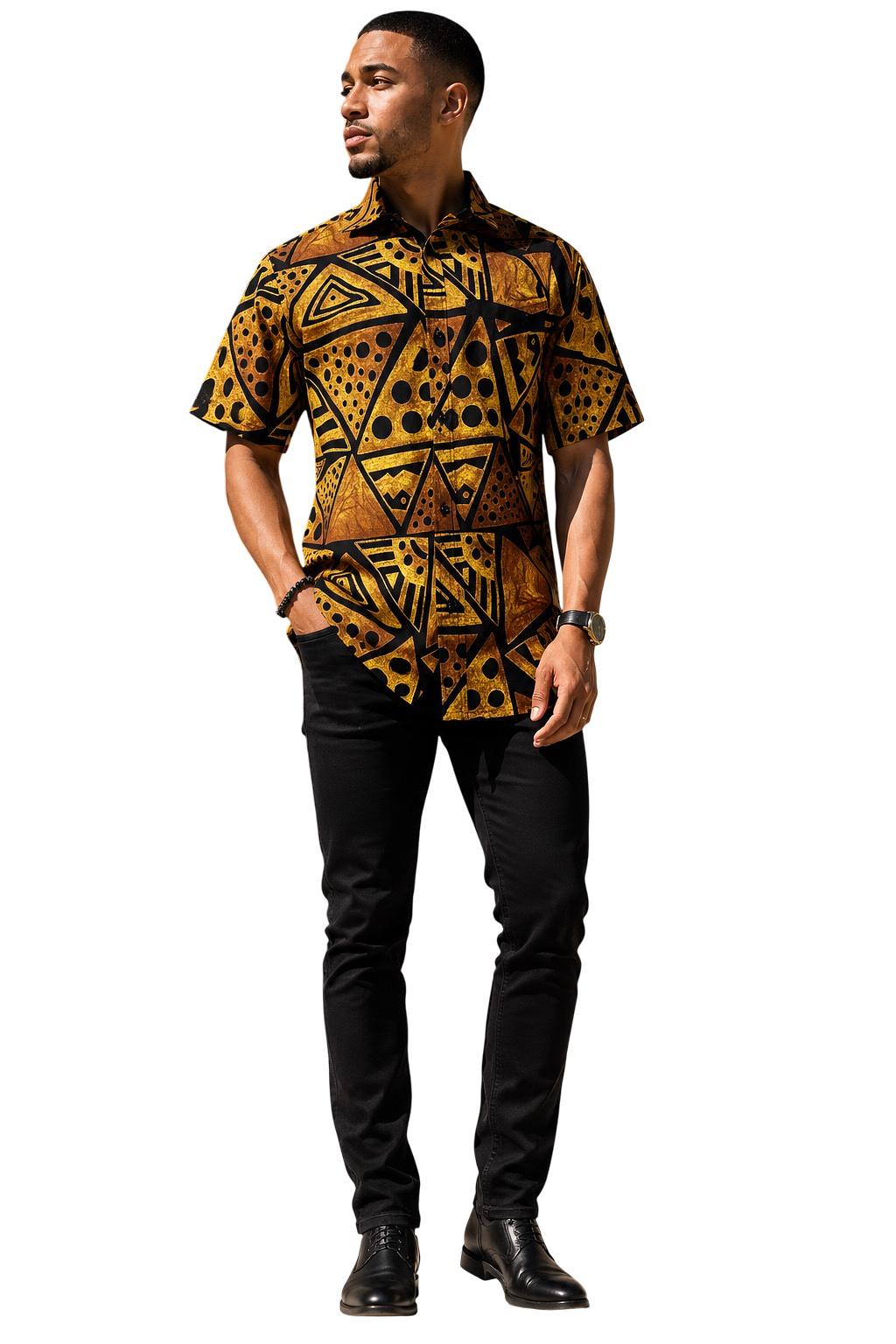 Men’s Gold & Black African Print Shirt – Short Sleeve Geometric Button-Up Shirt