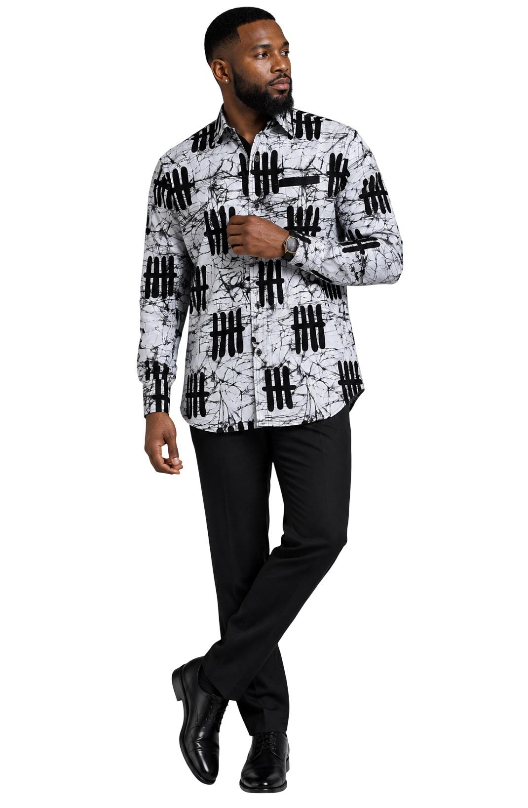 Men's Long Sleeve Button-Up Shirt – Monochrome Grid Scribble Print