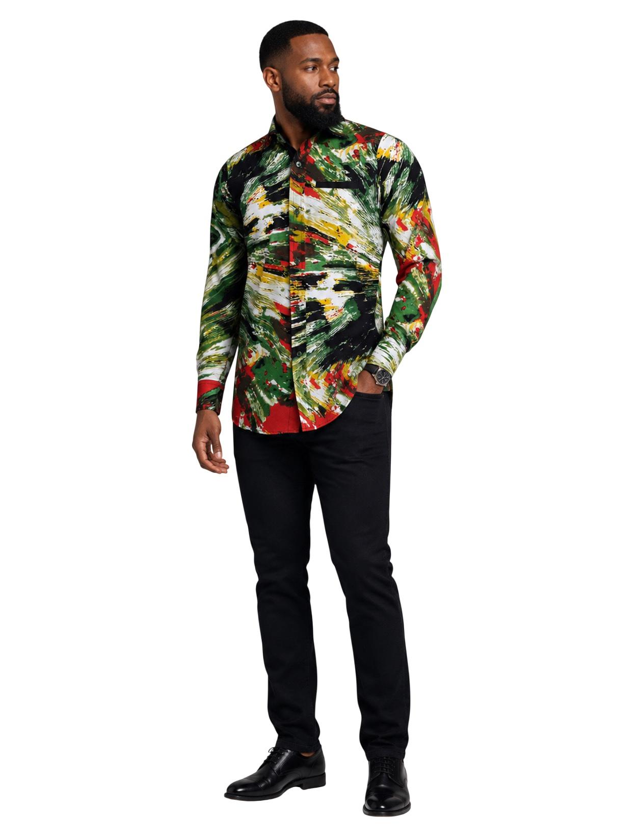 Men's Long Sleeve Button-Up Shirt – Vibrant Brushstroke Print