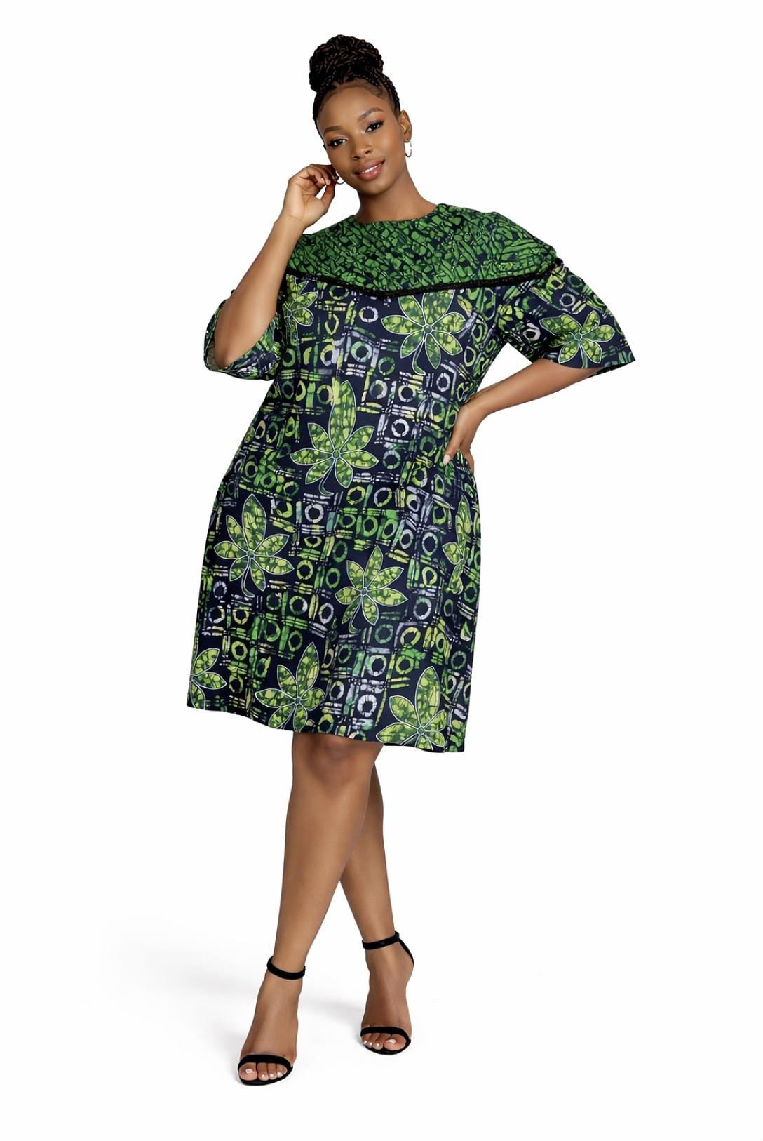 Green Ankara Dress with Pockets – Handmade African Print Cotton
