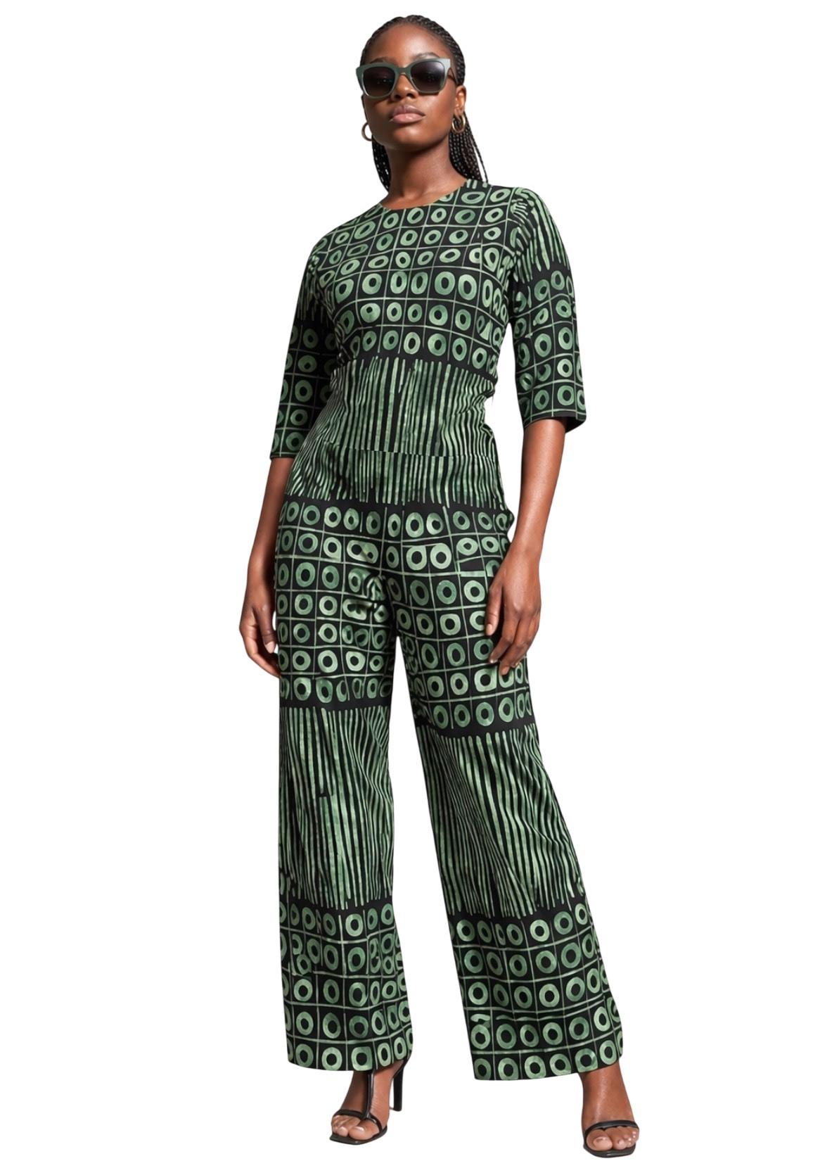 Ankara Two-Piece Crop Top and Trouser Set – Green Geometric Print