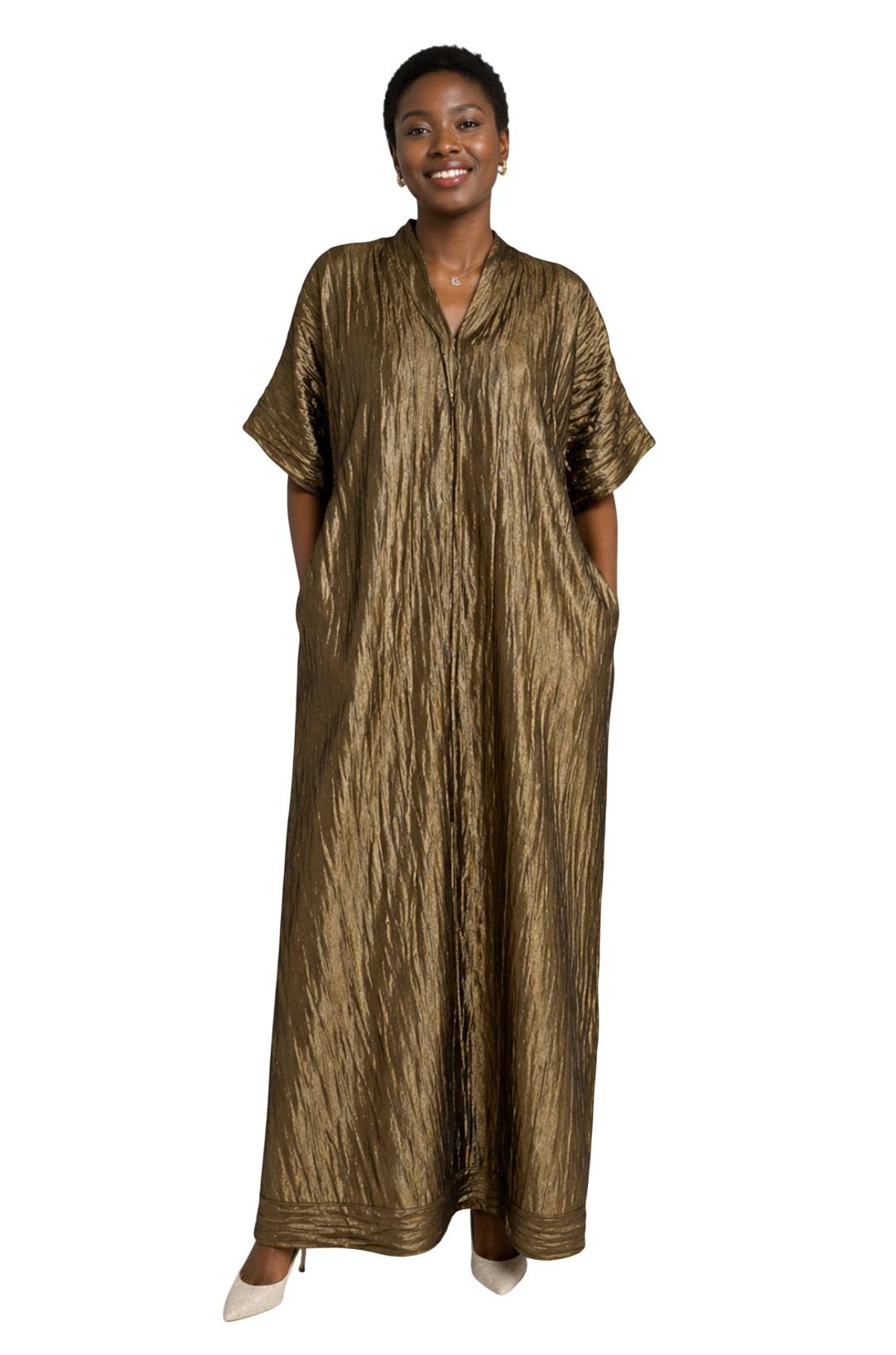 Gold Brown Glittery Kaftan Dress with Pockets – Handmade Elegant Wear