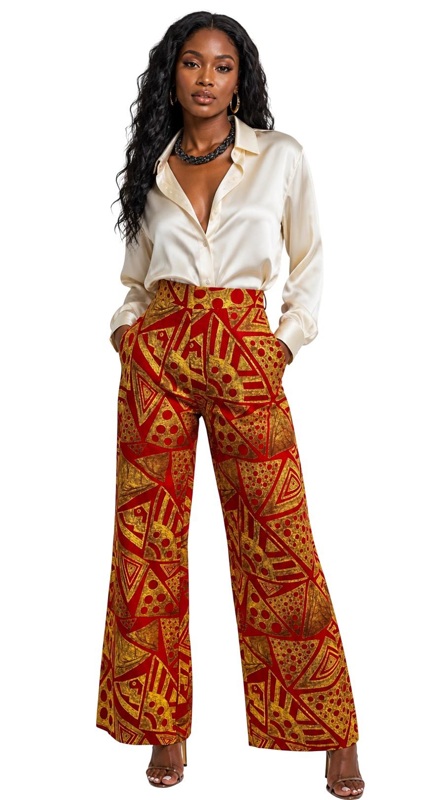 Women’s Red & Gold Tribal Ankara Print Trousers – Bold Abstract Wide Leg Pants