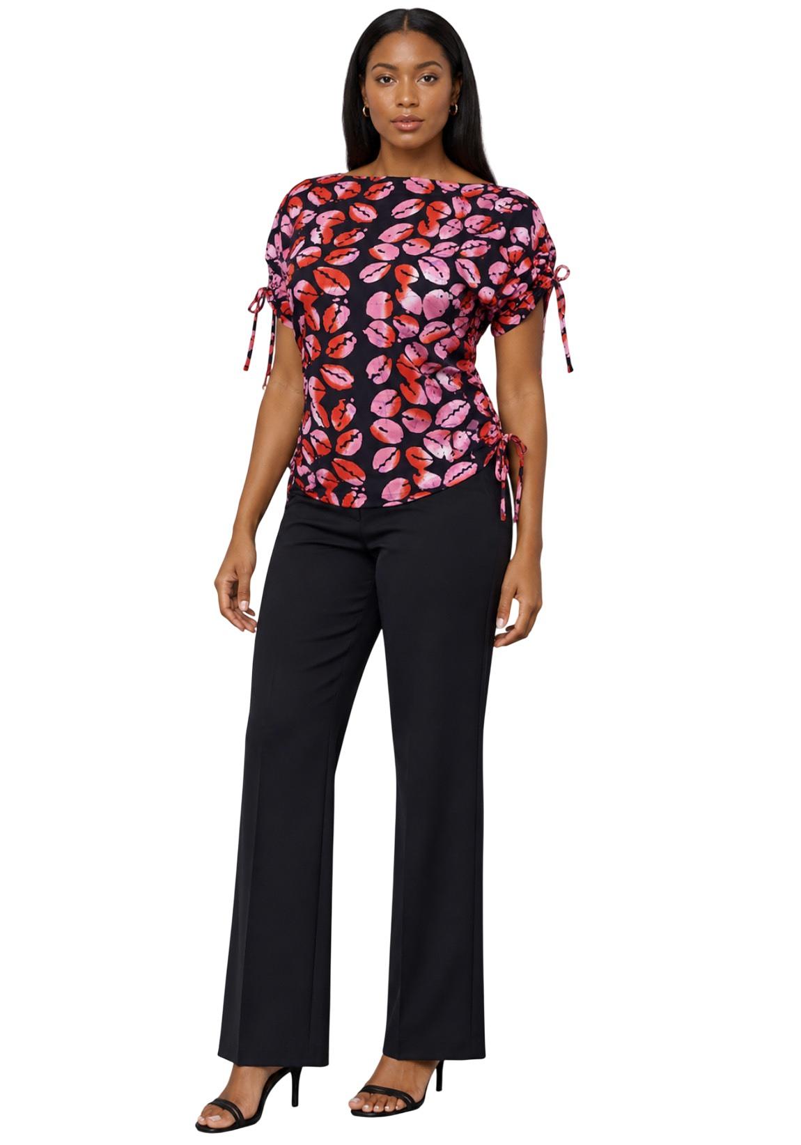 Red & Pink Lip Print Ruched-Sleeve Top – Ankara Cotton Women's Blouse