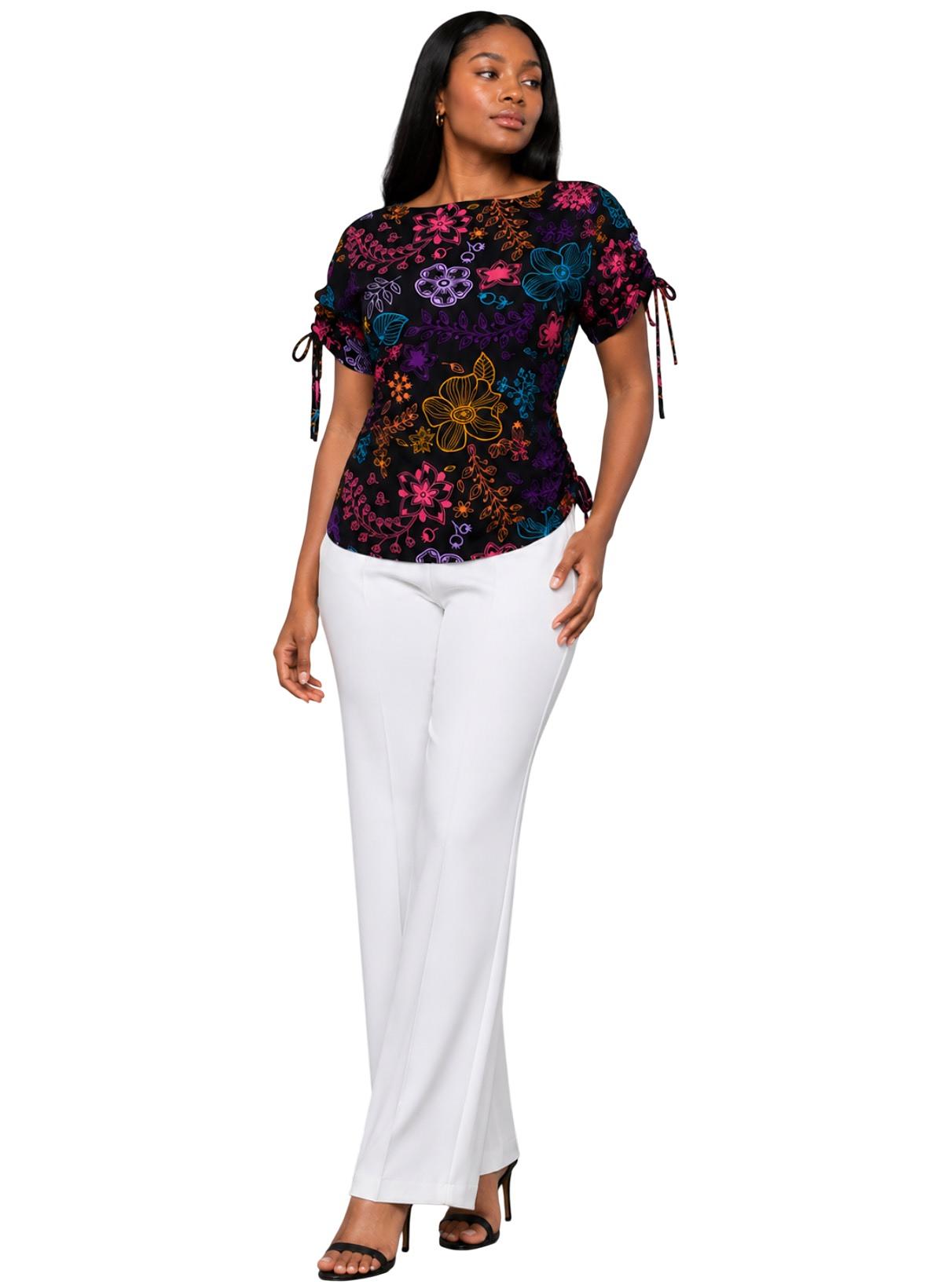 Multicolor Floral Ruched-Sleeve Top – Ankara Cotton Women's Blouse