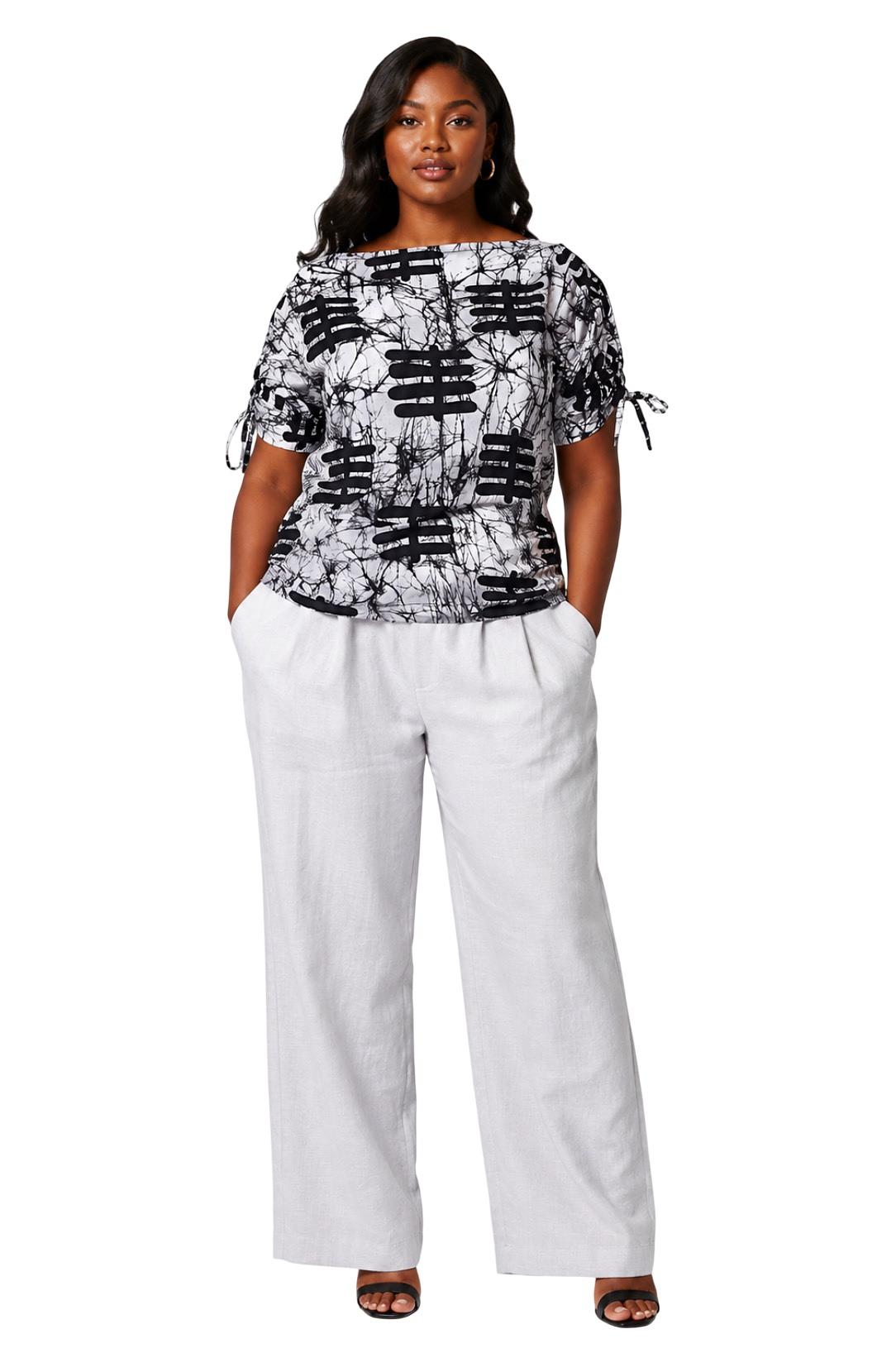 Black & White Motif Ruched-Sleeve Top – Ankara Cotton Women's Blouse