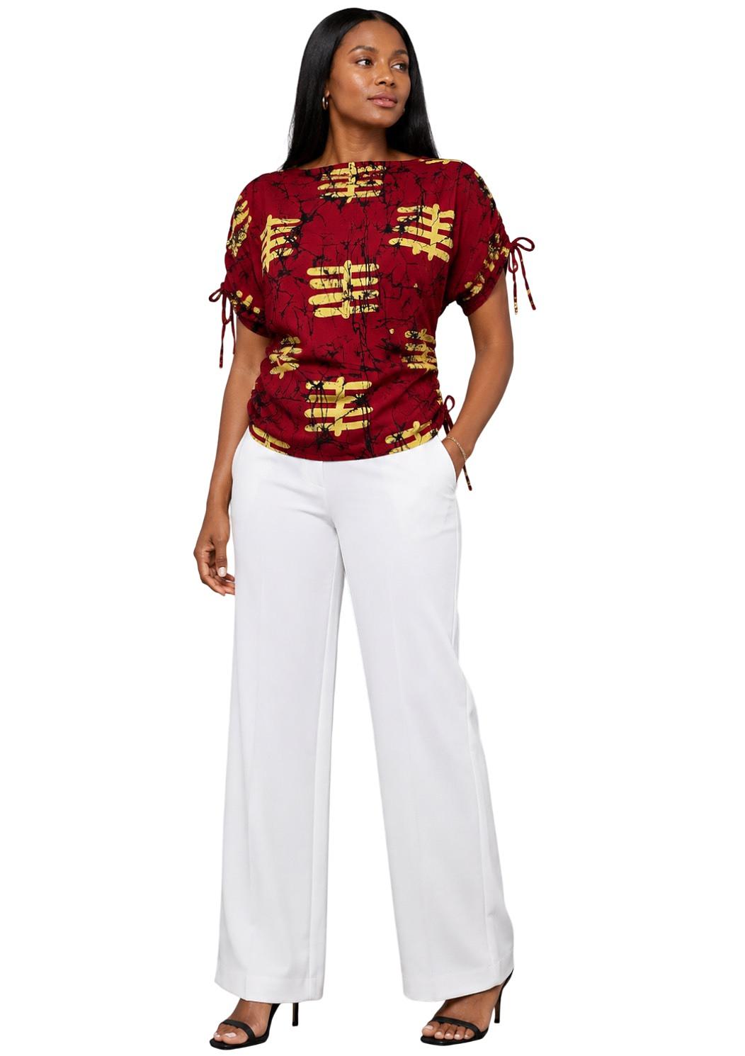 Red & Gold Motif Ruched-Sleeve Top – Ankara Cotton Blouse for Women