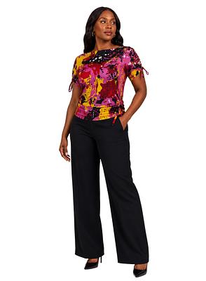 Yellow & Pink Splatter Print Ruched-Sleeve Top – Ankara Women's Cotton Top