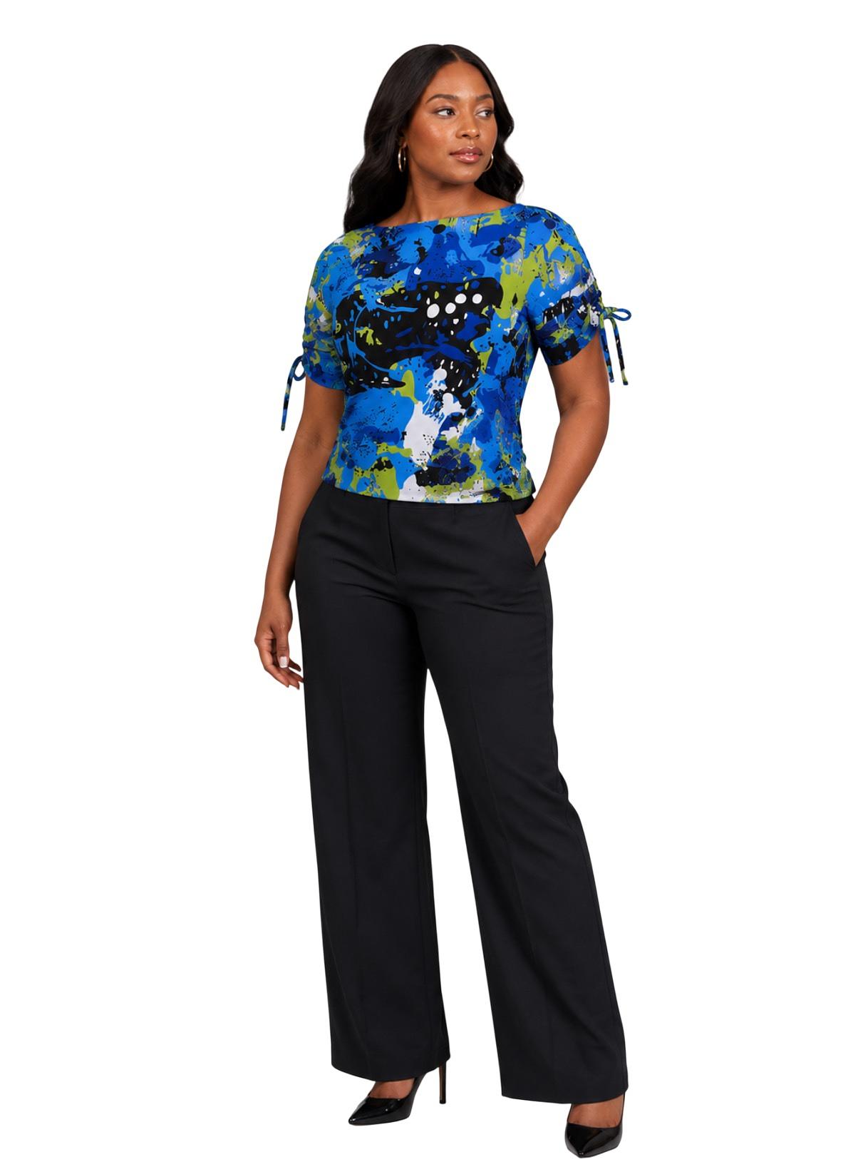 Blue & Green Splatter Ruched-Sleeve Top – Ankara Cotton Blouse for Women