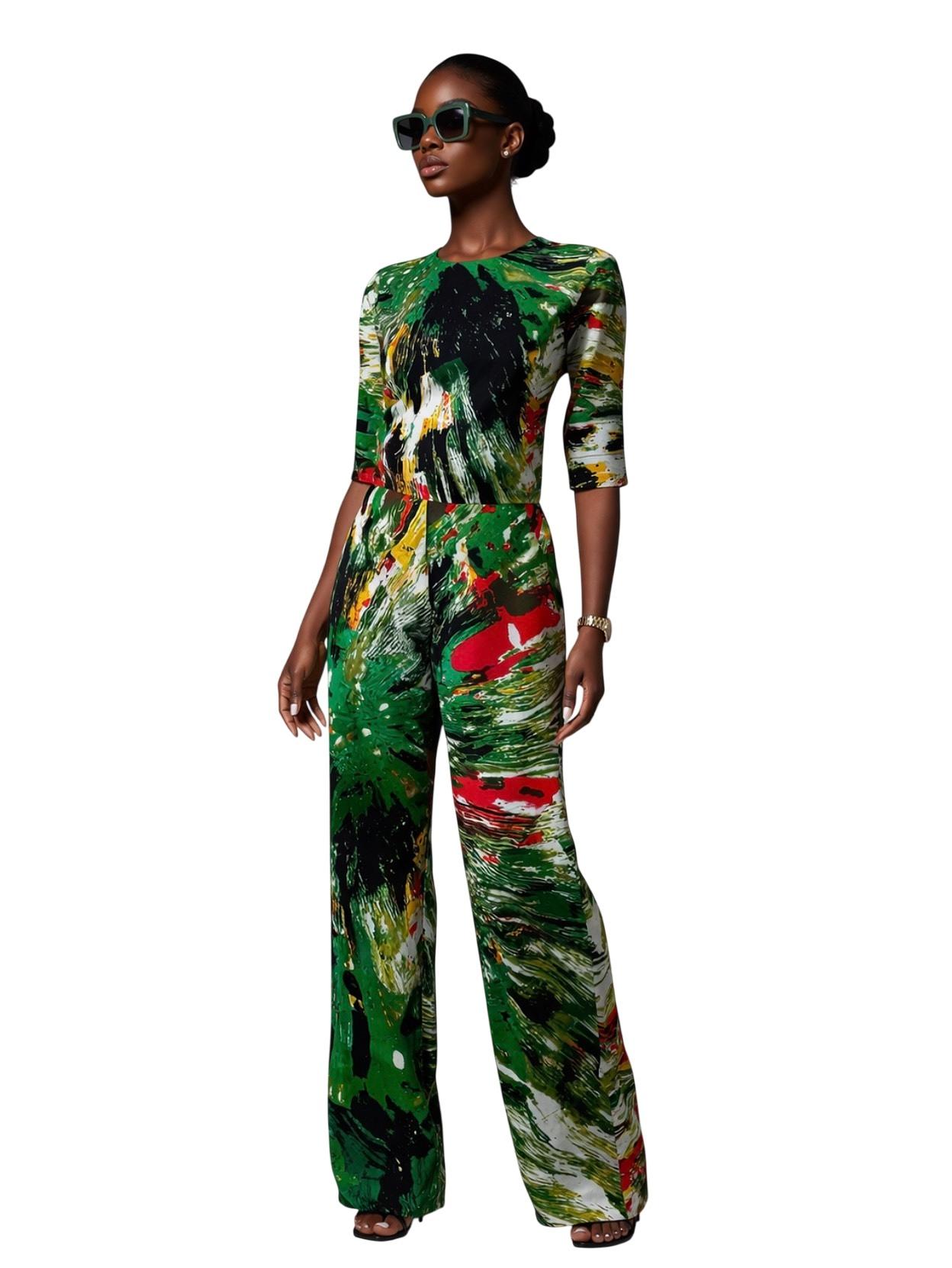 Ankara Two-Piece Crop Top and Trouser Set – Abstract Print