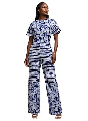 Ankara Two-Piece Crop Top and Trouser Set – Blue Abstract Print