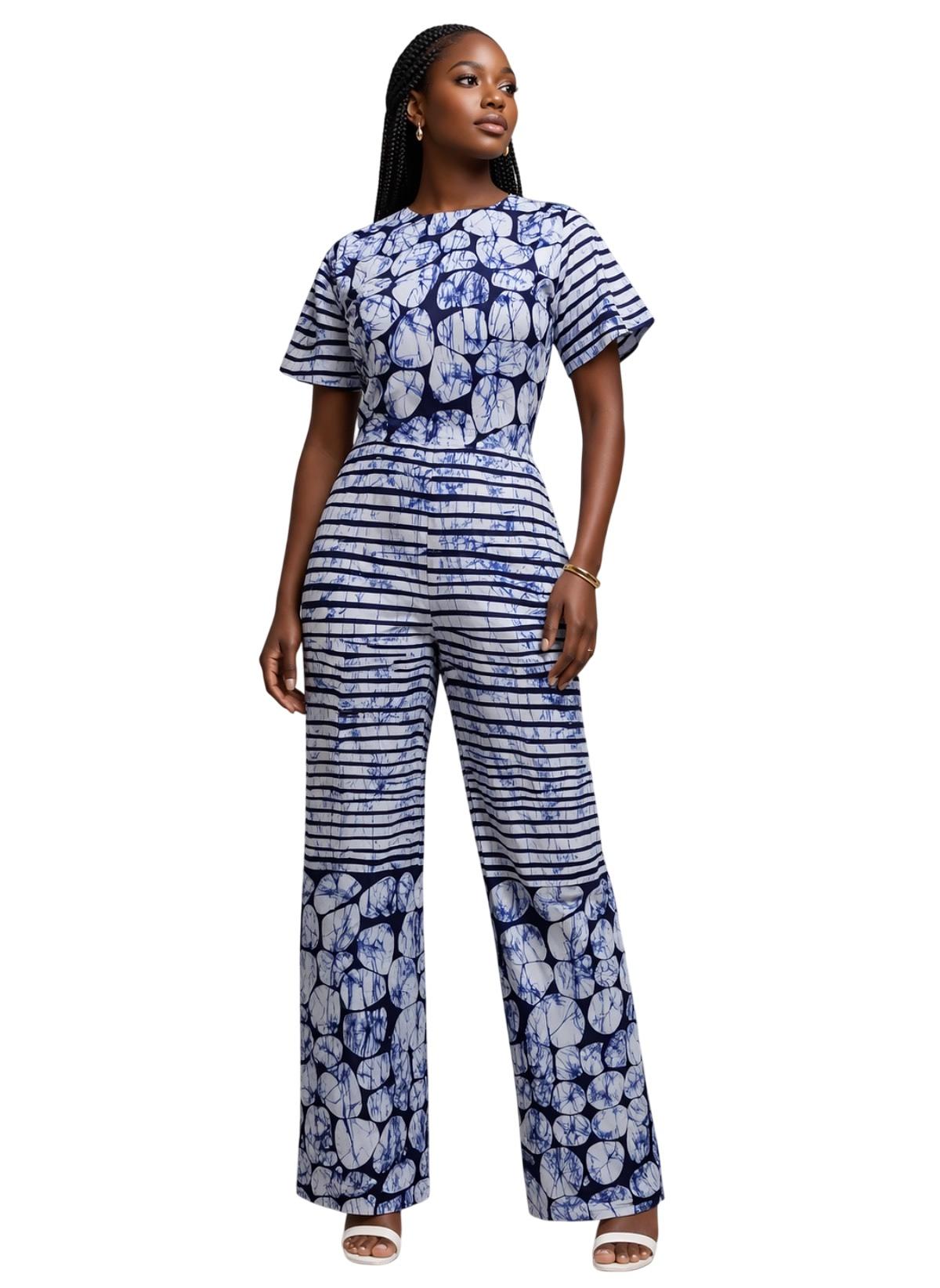 Ankara Two-Piece Crop Top and Trouser Set – Blue Abstract Print