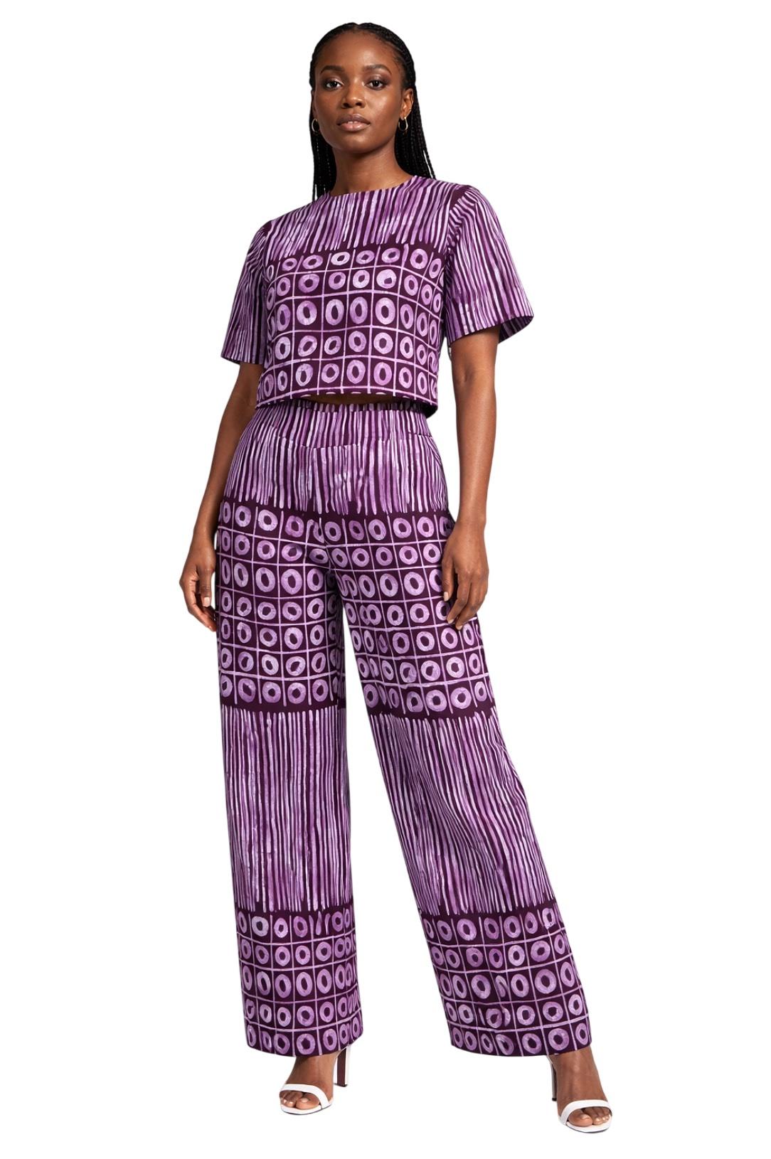 Ankara Two-Piece Crop Top and Trouser Set – Purple Geometric Print