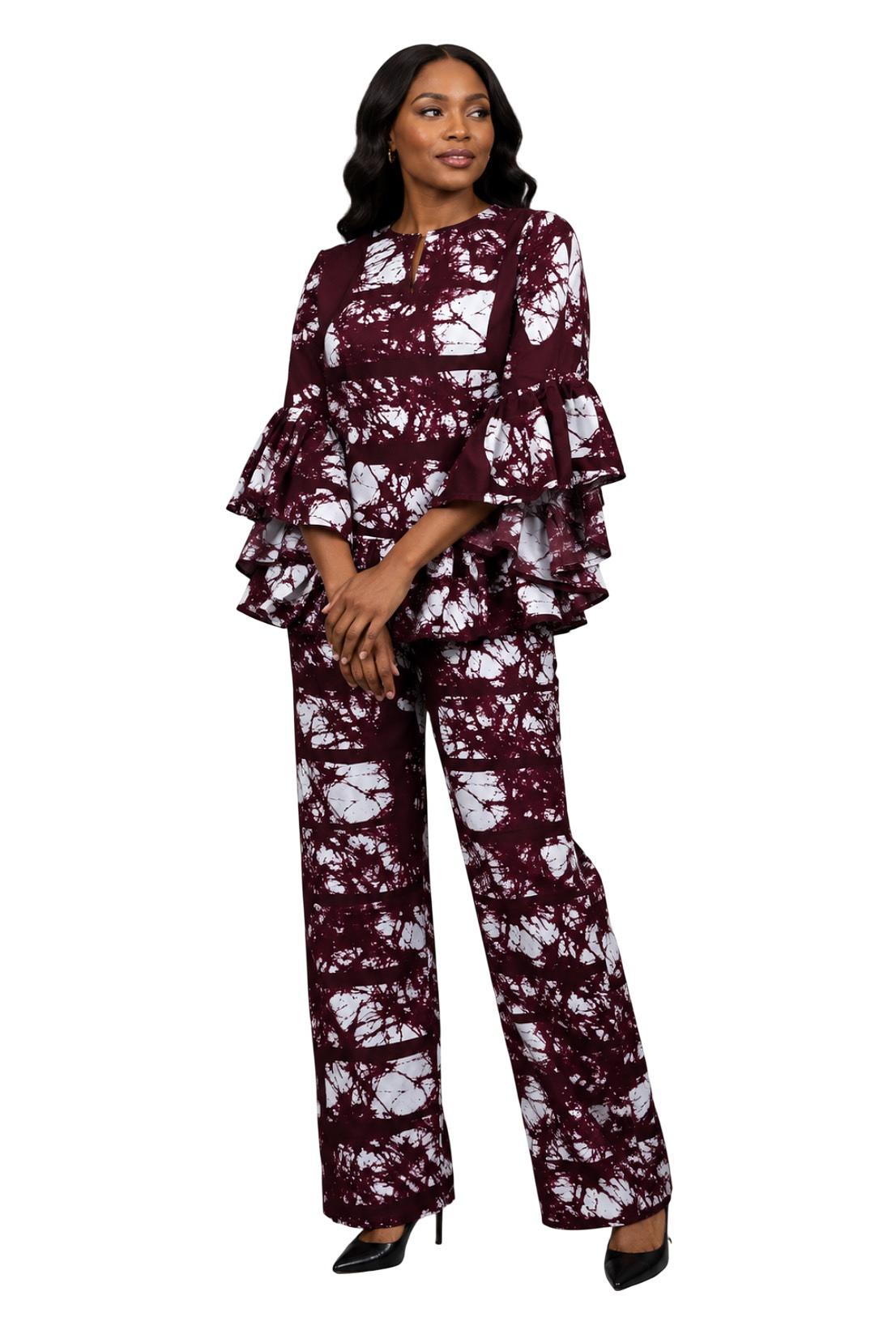 Maroon Ankara Bell Sleeve Top & Pant Set – Cotton Blend