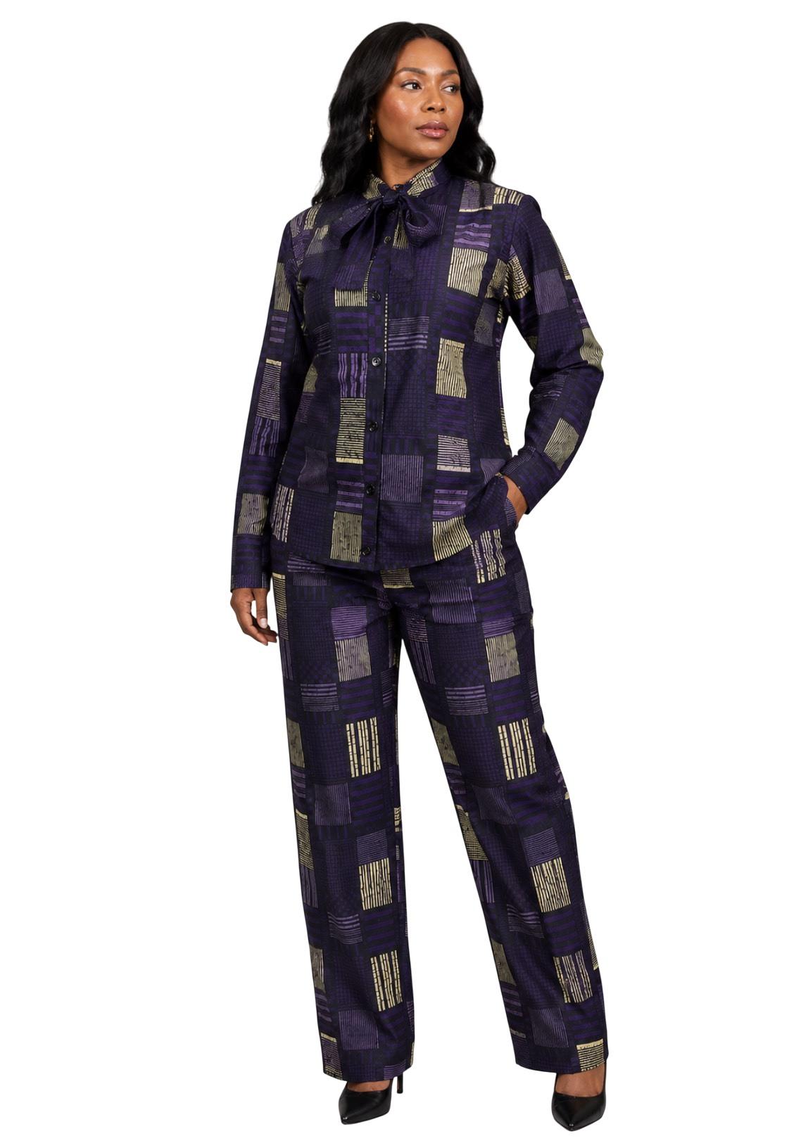 Geometric Ankara Button-Up Set with Tie-Neck Blouse – Purple Gold