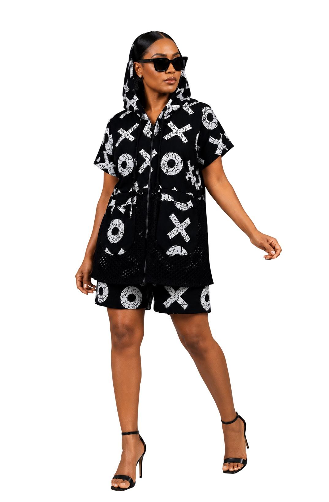 Monochrome Ankara Hoodie Short Set – Afro Streetwear 2-Piece