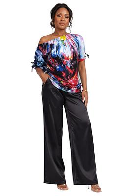 Multicolor Paint-Stroke Ruched-Sleeve Top – Ankara Cotton Women's Blouse