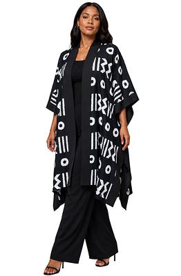Black Ankara Kimono Poncho Cape with White Symbols – Handmade Outerwear