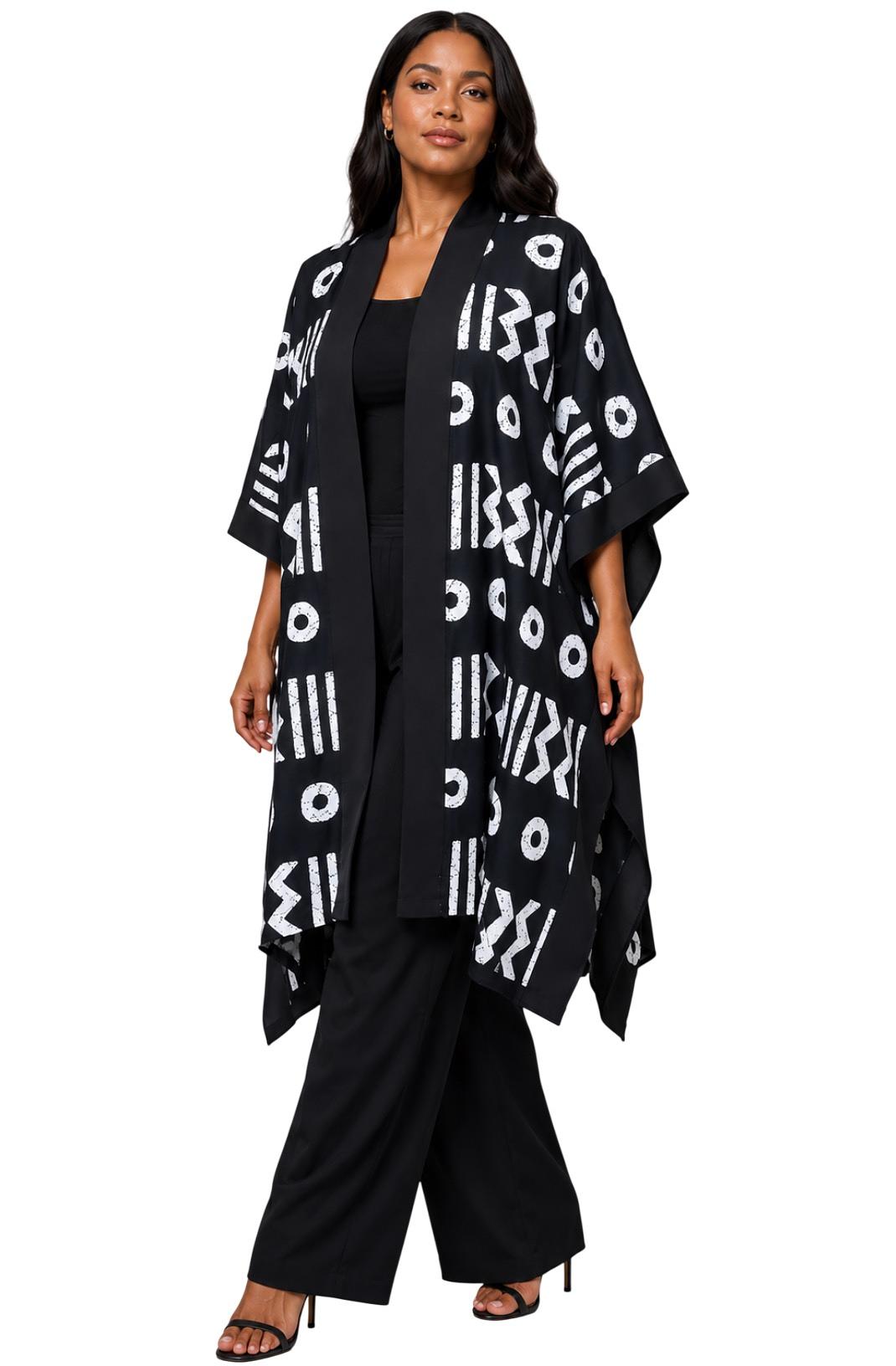 Black Ankara Kimono Poncho Cape with White Symbols – Handmade Outerwear
