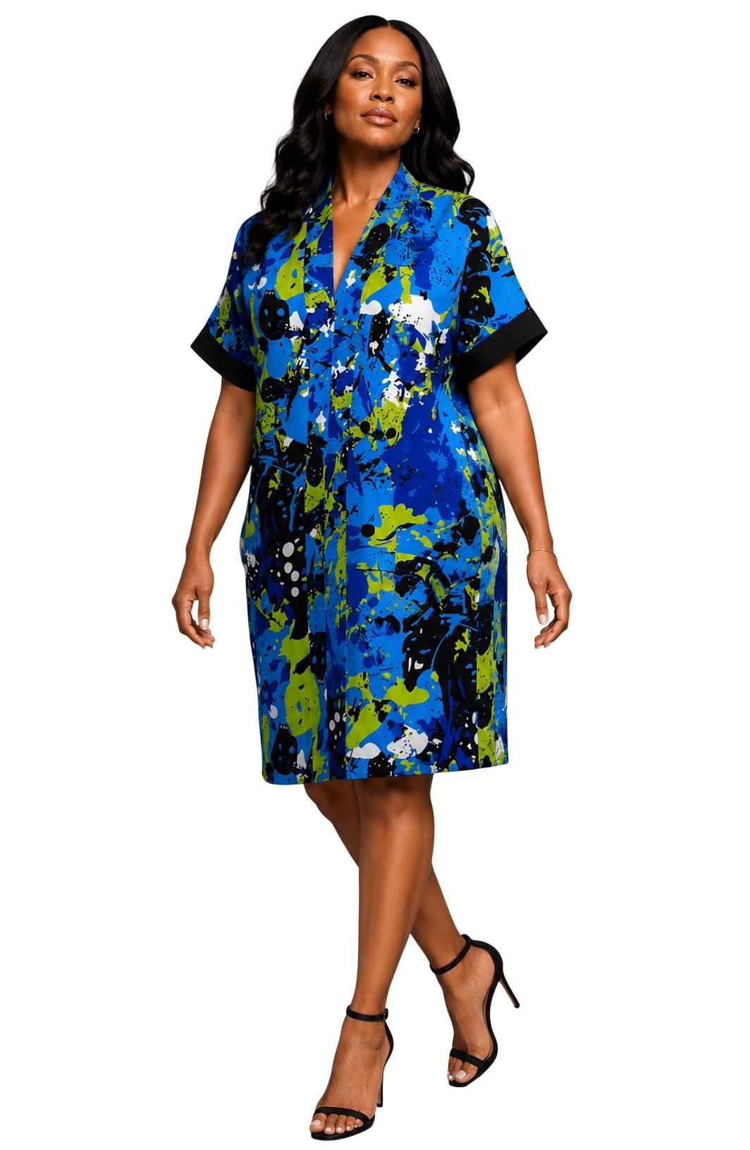 Blue Splash-Print Shirt Dress with Pockets – Handmade Cotton
