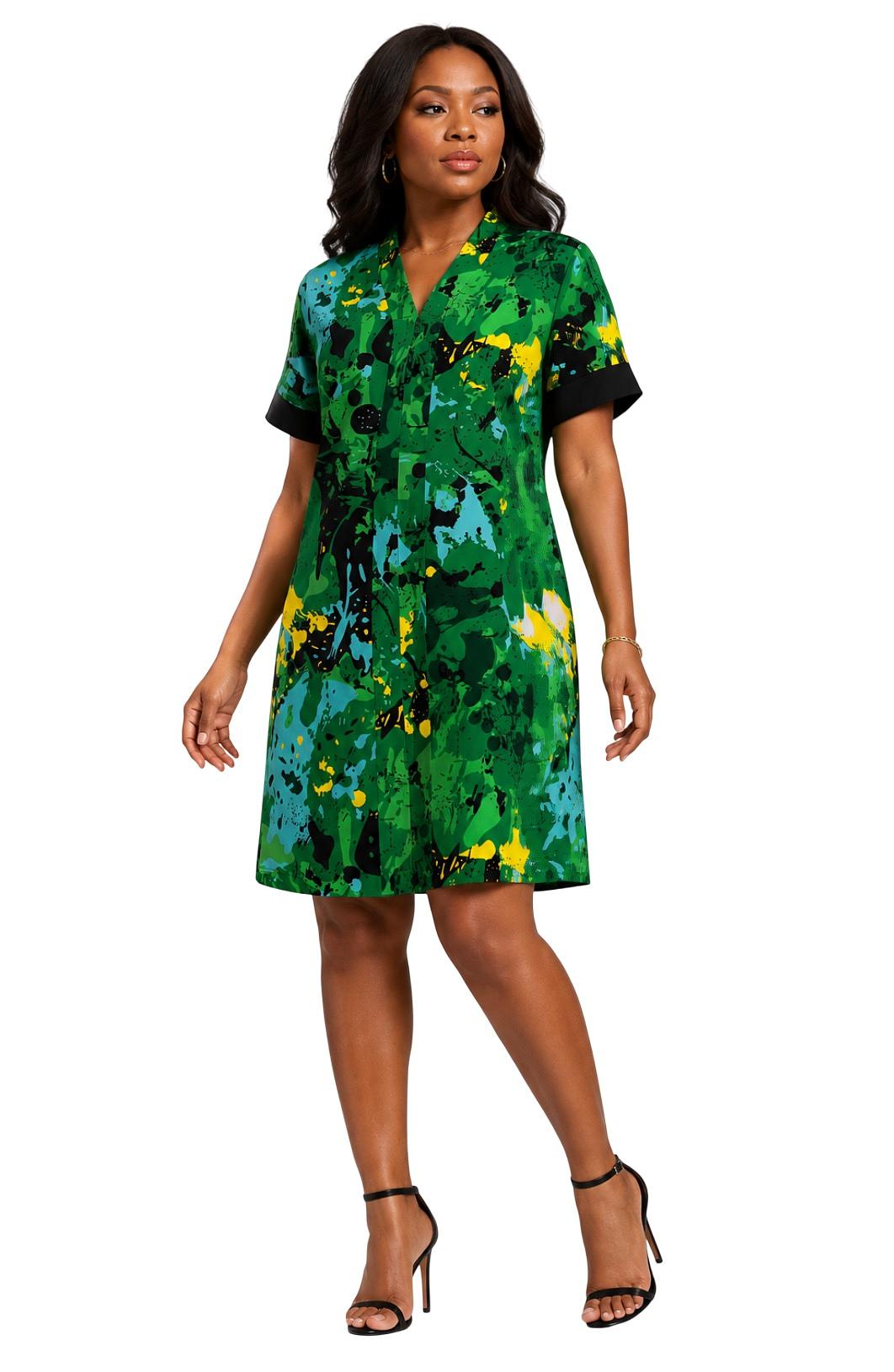 Green Splash-Print Shirt Dress with Pockets – Handmade Cotton